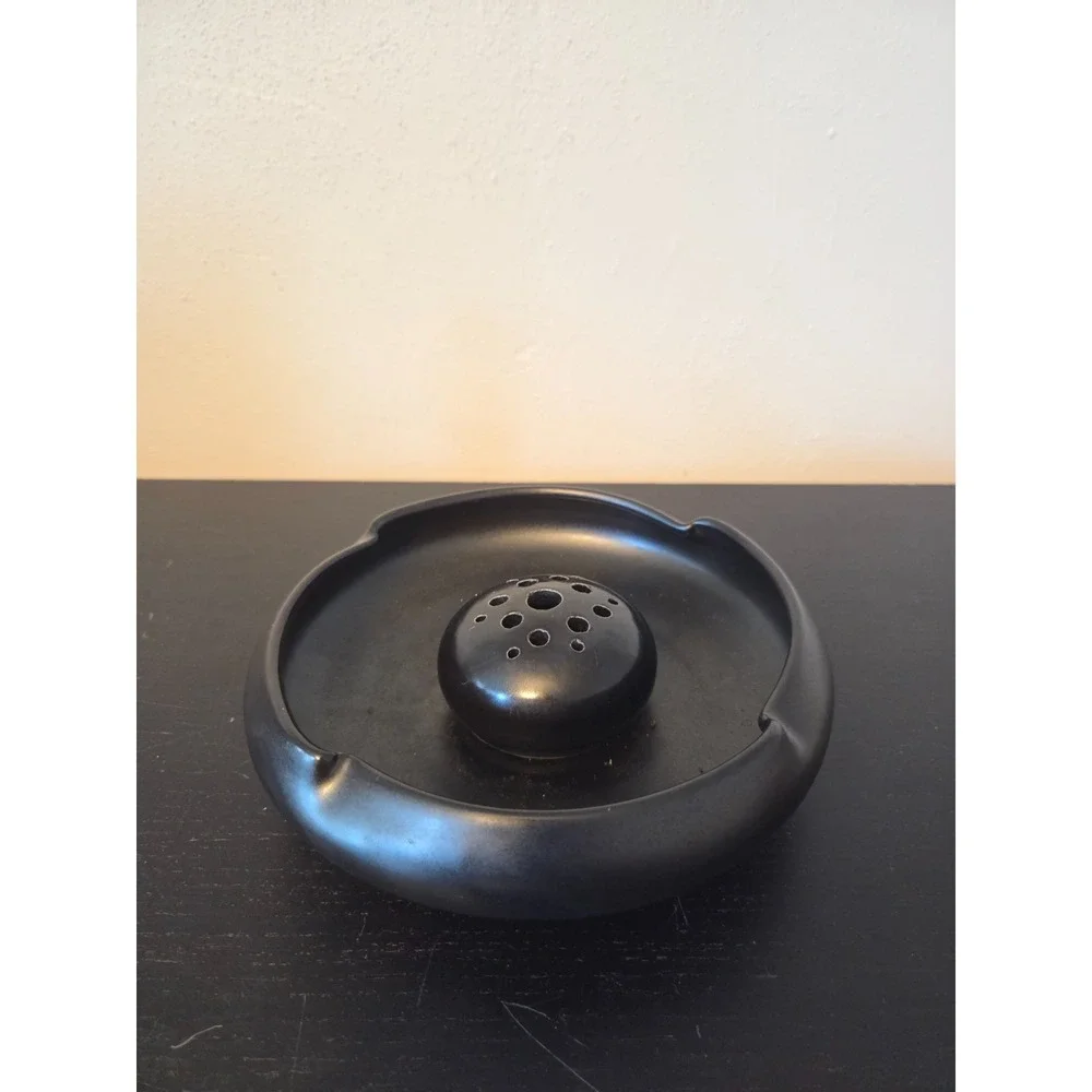 Vintage Ikebana Black Ceramic Japanese Floral Arrangement Dish Vase w/ Frog 7''